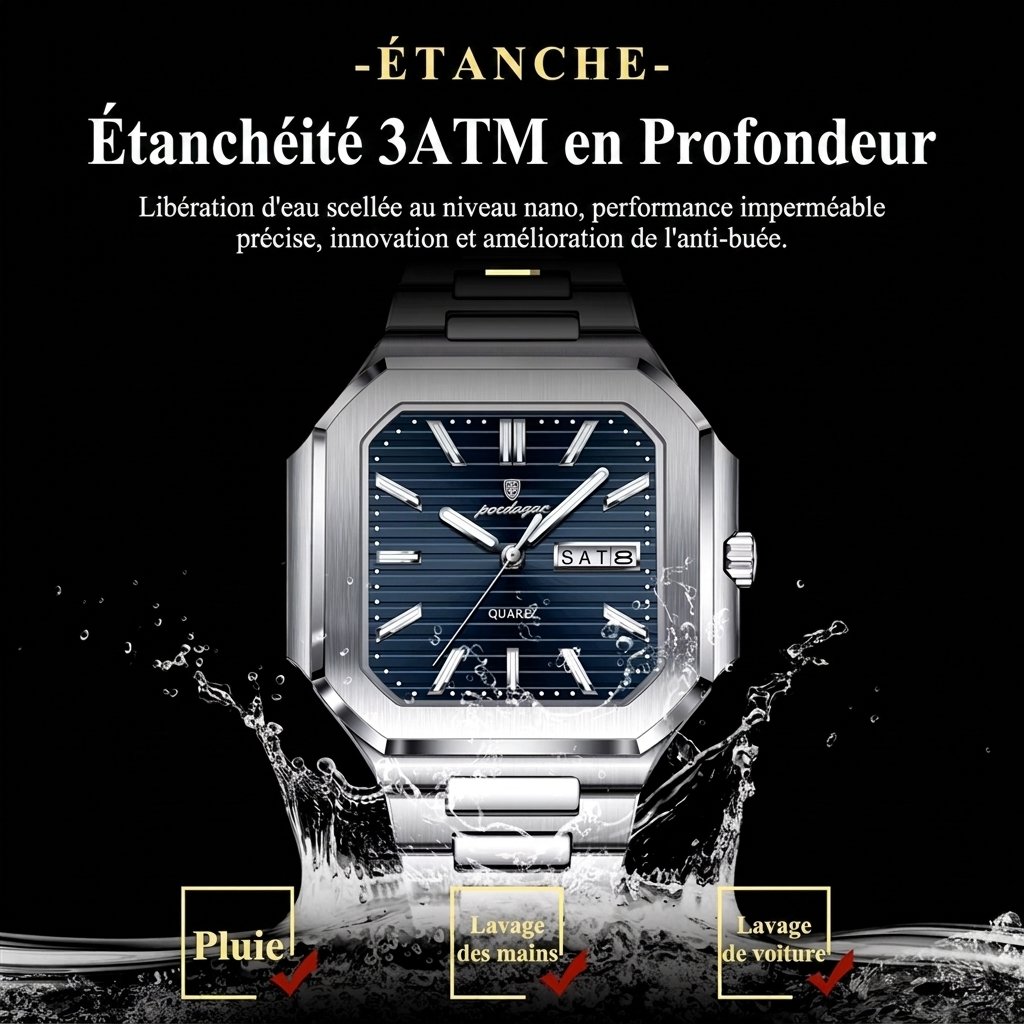 Étanchéité 3 ATM — résiste à l'eau