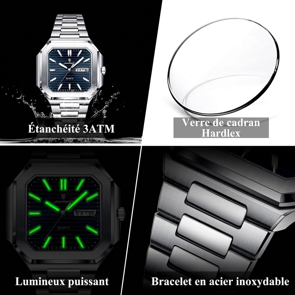 Verre Hardlex, luminescence, bracelet acier